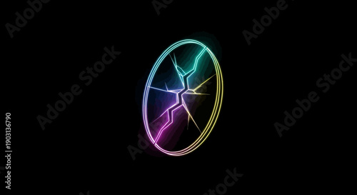 Vibrant Neon Cracked Oval on Black Background Abstract Digital Art Glowing Fracture Effect