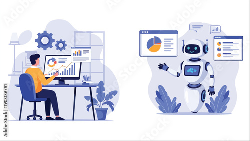 Illustration of a human analyst collaborating with an AI robot on data visualization and business process automation