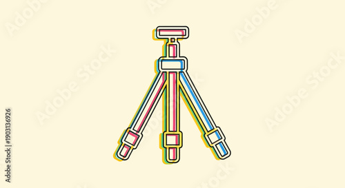 Colorful retro style camera tripod icon illustration on a light background displaying vintage