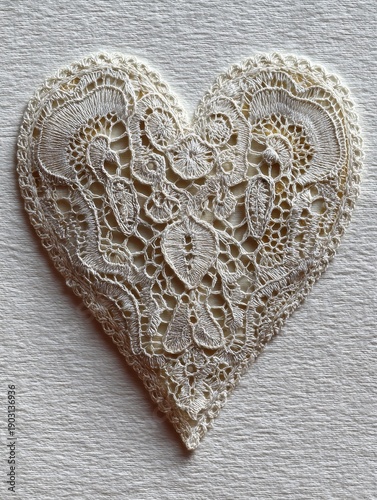 Intricate ivory lace heart on white lace background, romantic elegant pattern with delicate decorative textile details, vintage-inspired design perfect for wedding, love, and craft concepts