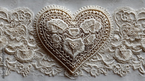 Intricate ivory lace heart on white lace background, romantic elegant pattern with delicate decorative textile details, vintage-inspired design perfect for wedding, love, and craft concepts