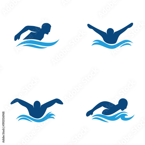 Swimming silhouettes for swimmer athlete water sports and pool activity signs.