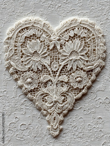 Intricate ivory lace heart on white lace background, romantic elegant pattern with delicate decorative textile details, vintage-inspired design perfect for wedding, love, and craft concepts