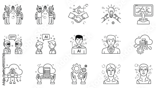 Human and AI collaboration line icon set. AI ethics and teamwork icons. Editable stroke. Vector illustration