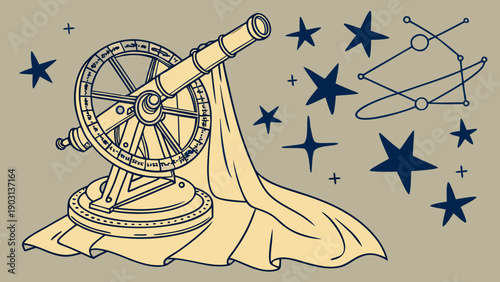 Vintage Telescope Under Starry Night Sky with Constellations and Drapery