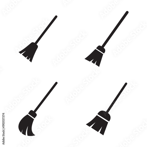 Broom silhouettes for cleaning service sweeping and household chore symbols.