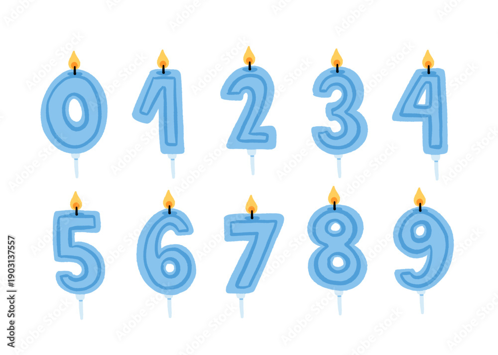Fototapeta premium Cartoon anniversary numbers candle. Celebration cake candles burning lights, birthday number and party candle. Birth celebrate cakes decoration wax candles. Isolated vector icons set