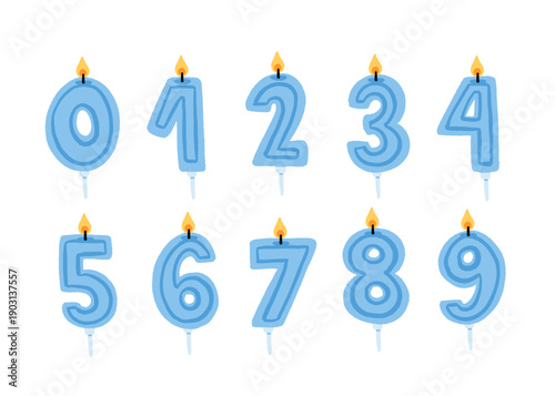 Cartoon anniversary numbers candle. Celebration cake candles burning lights, birthday number and party candle. Birth celebrate cakes decoration wax candles. Isolated vector icons set