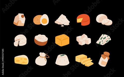 Flat vector dairy and cheese products set isolated on white background. Milk, butter, eggs, cream, yogurt, cottage cheese, parmesan, cheddar, blue cheese, cheese cubes, dairy food collection