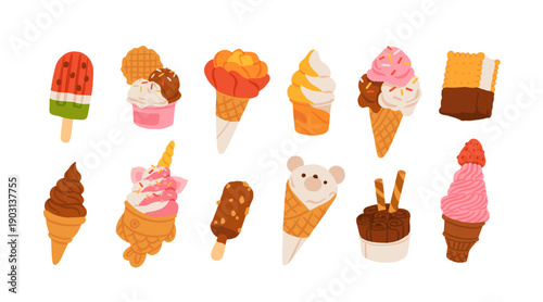 Cute Ice Cream Vector Set. Flat Cartoon Popsicles, Cones and Frozen Desserts Collection. Sweet Summer Treats Illustration for Menu, Stickers, Patterns, Kids Design