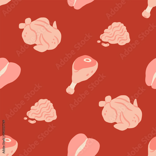 Chicken meat part seamless pattern, parts of carcass, brisket wing, fillet, legs, heart, neck, feet, whole chicken. vector Illustrations on a white background