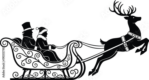 Black and white vector silhouette of a Victorian couple riding in a festive Christmas sleigh pulled by a reindeer for winter holiday greeting cards.