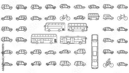 Minimalist CAD-style vector illustrations of vehicles—including cars, buses, and bicycles—with top and side views, ideal for transportation and city planning designs