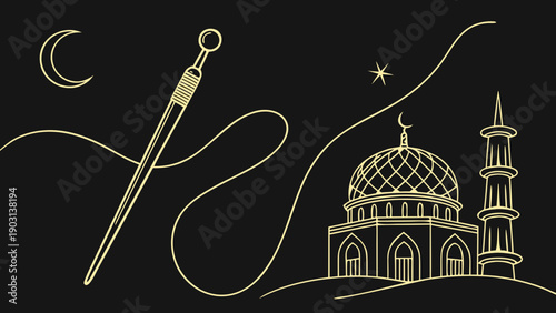 Gold Line Art Mosque and Thread Illustration Under Starry Night Sky