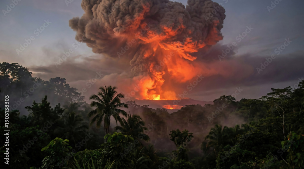 Naklejka premium A massive mushroom cloud rises above a dense jungle