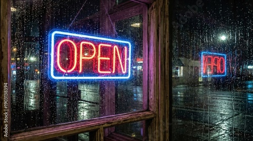 Wallpaper Mural A glowing neon open sign hanging in a window on a rainy night with water droplets visible on glass Torontodigital.ca