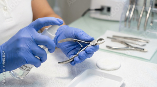 Close-up of manicurist sanitizing nail tools with disinfectant in a beauty salon. Focus on hygiene and precision. Ideal for beauty, nail care, and professional salon concepts. Clean, professional atmo