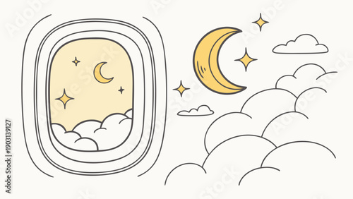 Whimsical Night View from Airplane Window with Moon, Clouds, and Stars