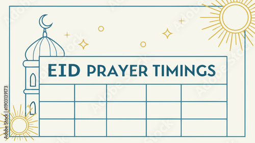 Eid Prayer Timings Chart with Mosque Illustration and Sun Symbols