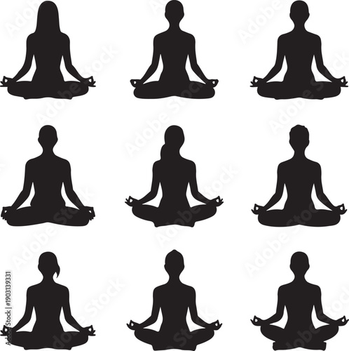 set of people sitting in yoga poses isolated on white background