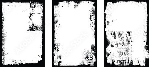 Poster overlays set . Noise destroyed logo . Trendy cyber punk poster . Glitched frame .Grunge textured . Distressed effect .Vector shapes with a halftone dots screen print texture.