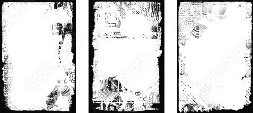 Poster overlays set . Noise destroyed logo . Trendy cyber punk poster . Glitched frame .Grunge textured . Distressed effect .Vector shapes with a halftone dots screen print texture.