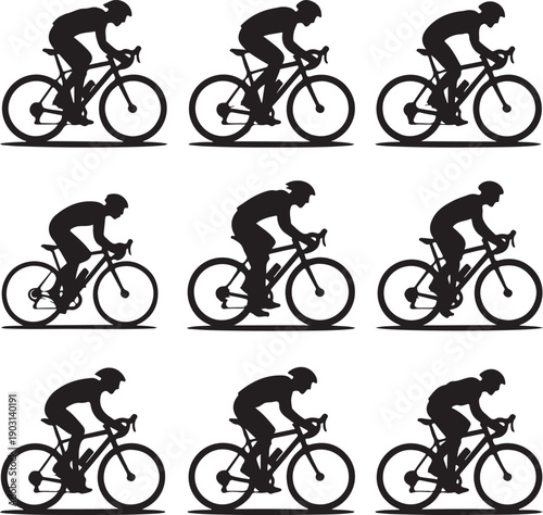 Silhouette of cyclist riding bicycle in various positions on white background