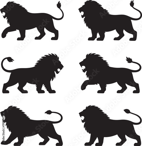 Silhouette of lions in various walking poses side view