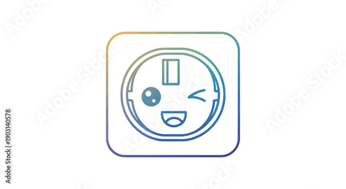 A cute winking electric outlet icon featuring a playful cartoon face and a vibrant gradient border