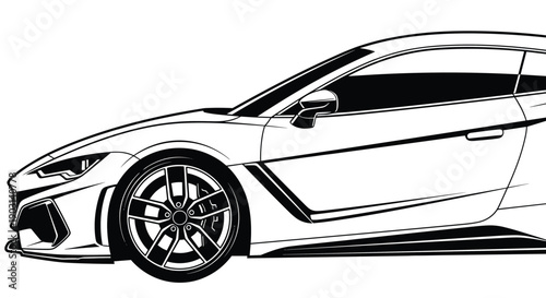 Modern sports coupe car detail side view, luxury performance vehicle design, black white vector automotive illustration, isolated background artwork