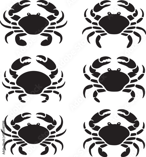 six black crabs on white background