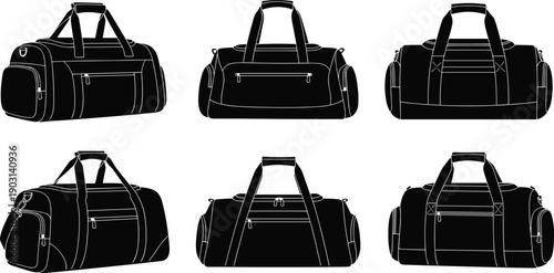 Duffel bag angles, black silhouette, travel gear, gym bags, zipper pockets, top view, side view, handles, design detail, utility