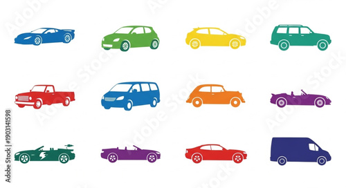 Collection of diverse colorful car illustrations on white background.