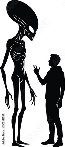 Black silhouette of a tall extraterrestrial alien standing before a human man for science fiction concepts first encounter paranormal research and outer space mystery,