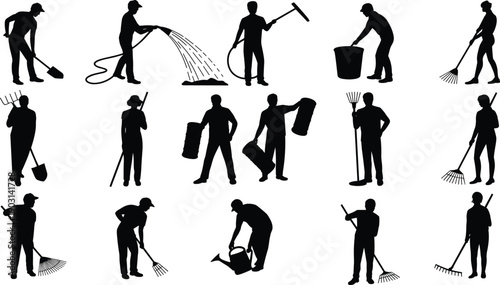 Black silhouette set of professional gardeners and farmers working with tools like shovels rakes and watering cans for landscaping agriculture and outdoor garden maintenance activities.