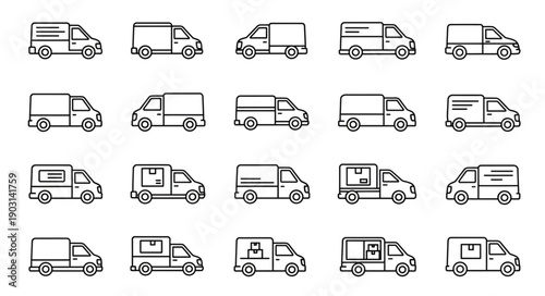 Collection of diverse delivery van icons and illustrations.