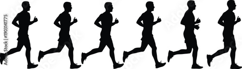 Black silhouette set of a male athlete running in sequence movement for sports marathon training fitness exercise and healthy lifestyle isolated on white background.