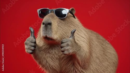 Funny cool capybara giving two thumbs up gesture while wearing stylish sunglasses isolated on a bright red background success concept 4k