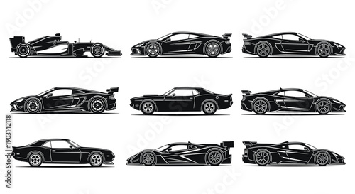 Sports car silhouette collection, racing supercar side view set, modern and classic performance vehicle vector illustration, automotive design bundle