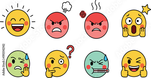 Cute Emoji Emotion Faces Collection Isolated on White Background Flat Vector Illustration