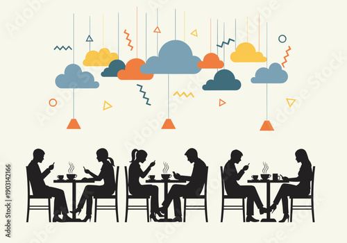 Silhouettes of people socializing and engaging with smartphones in a