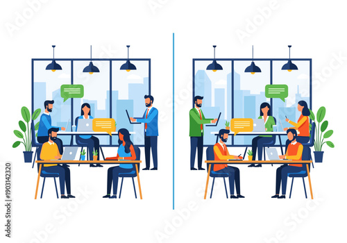 A split-screen flat illustration showcasing modern office teams