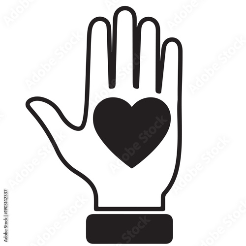 Clean vector icon of an open hand with a heart in its palm, conveying powerful messages of charity, love, care, kindness, and community support. Ideal for various design projects promoting compassion