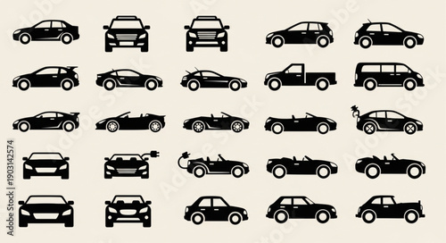 Collection of Diverse Car Silhouettes Vector Art.