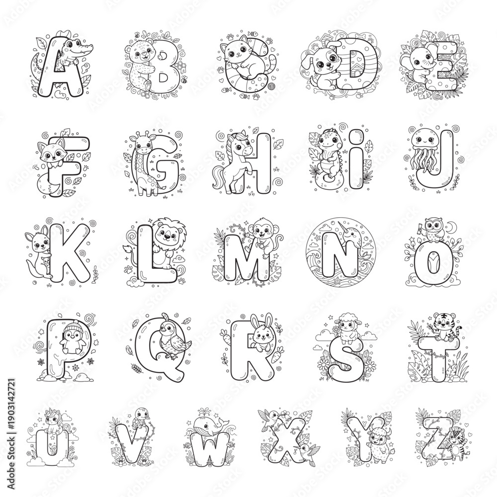 Fototapeta premium Alphabet Animals Coloring Pages A to Z Cute Animal Line Art for Kids Educational Coloring Book