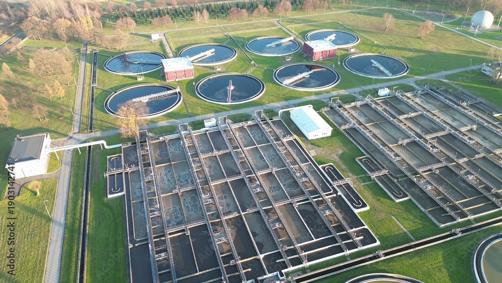 Fototapeta premium Circular filtration tanks at water treatment plant