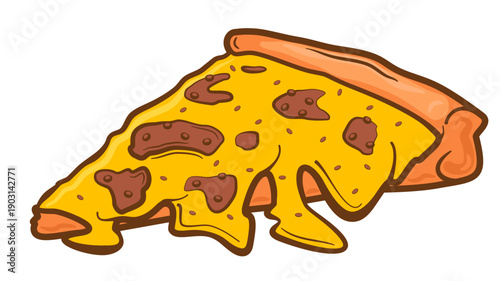 Cartoon illustration of a cheesy melting pizza slice with rich toppings and playful style. Perfect for food marketing, menus, apps, stickers, social media, and digital design projects.