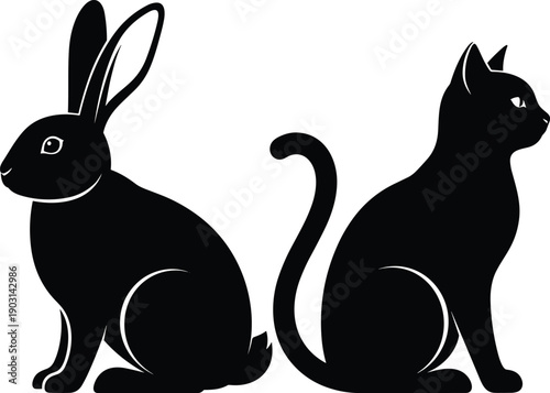 Black silhouettes of a domestic cat and a long eared rabbit sitting together for pet animal friendship veterinary care veterinary clinic and minimalist wildlife concepts,