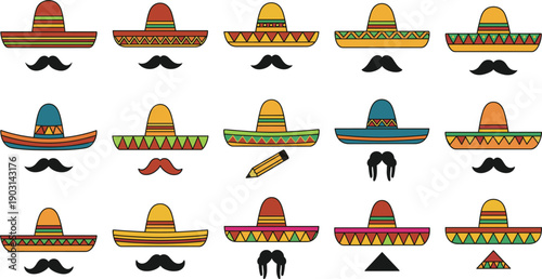 Mexican Sombrero Hats and Mustaches Set Isolated on White Background Flat Vector Illustration