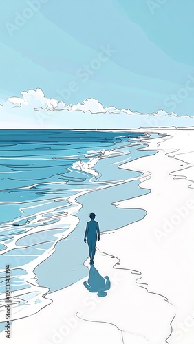 Elegant minimalist line art of person walking along seaside shore